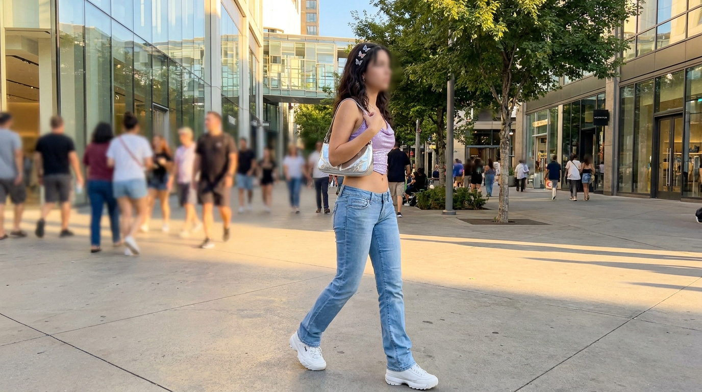 Jeune femme stylée en crop top violet, jean taille basse, baskets et sac baguette argenté, marchant en ville.