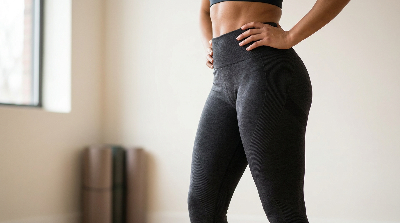 Femme athlétique portant un legging de sport gris anthracite texturé avec les mains sur les hanches dans une salle de sport.