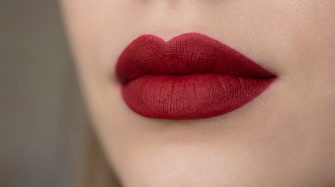 Gros plan sur des lèvres maquillées d'un rouge à lèvres mat, couleur rouge intense. Application parfaite, texture veloutée.