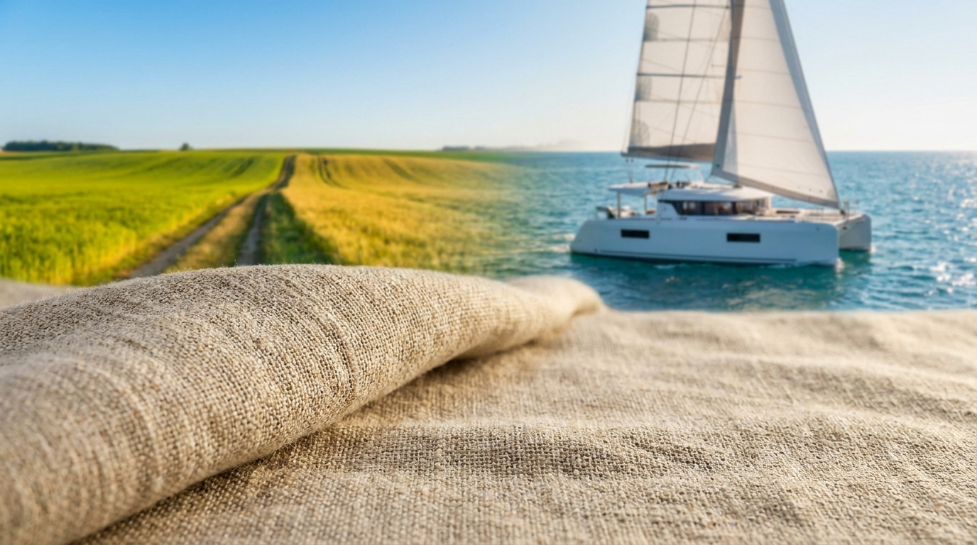 Tissu de lin brut au premier plan avec en arrière-plan un champ de culture et un catamaran naviguant sur l'océan.