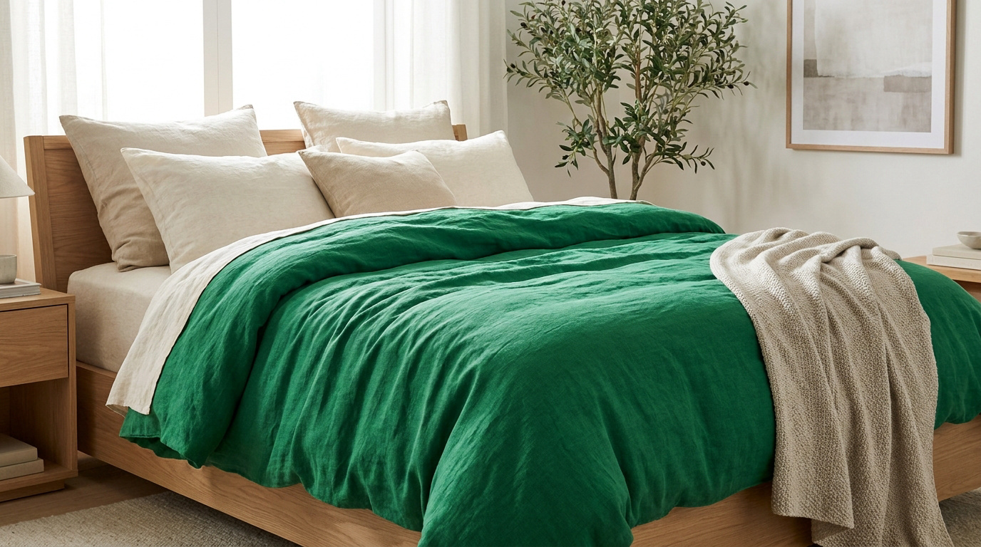 Lit double avec housse de couette en lin vert émeraude, coussins beiges et plaid clair dans une chambre lumineuse.