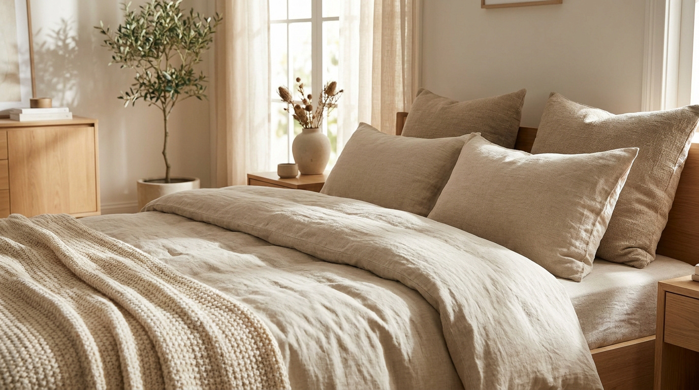 Une chambre lumineuse avec une parure de lit en lin beige, un plaid tricoté et des plantes dans une ambiance naturelle.