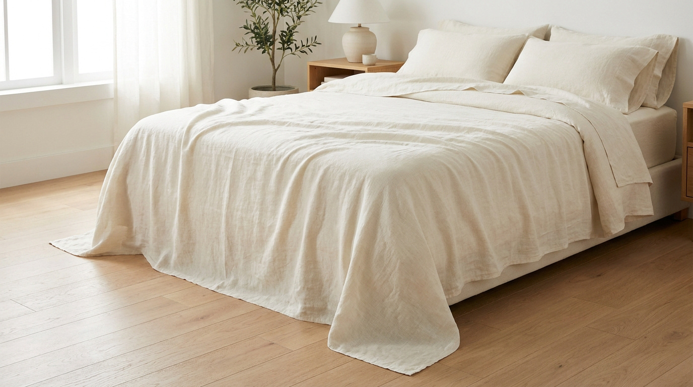 Un lit double élégant avec une parure de lit en lin couleur crème dans une chambre lumineuse et minimaliste.