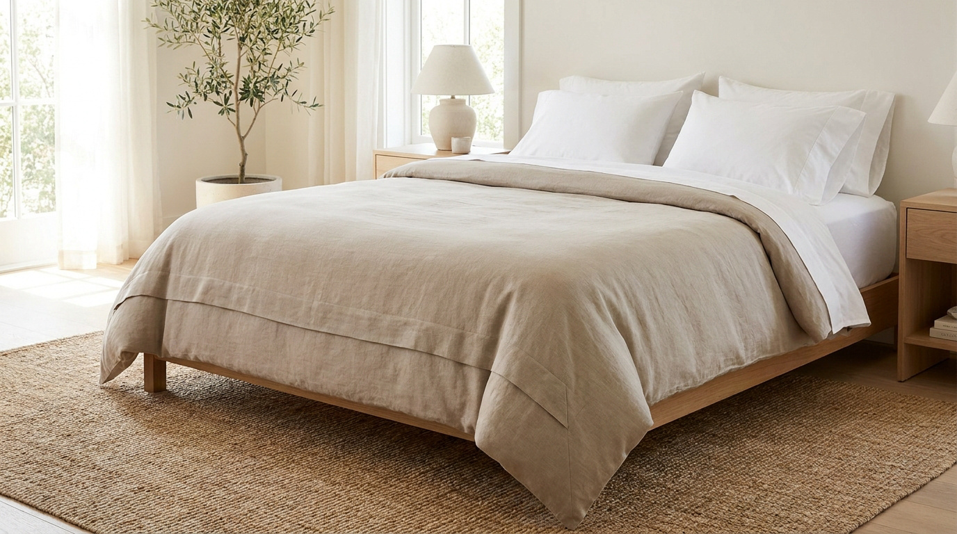 Un lit élégant avec une housse de couette beige en lin à rabat, dans une chambre lumineuse au style naturel.