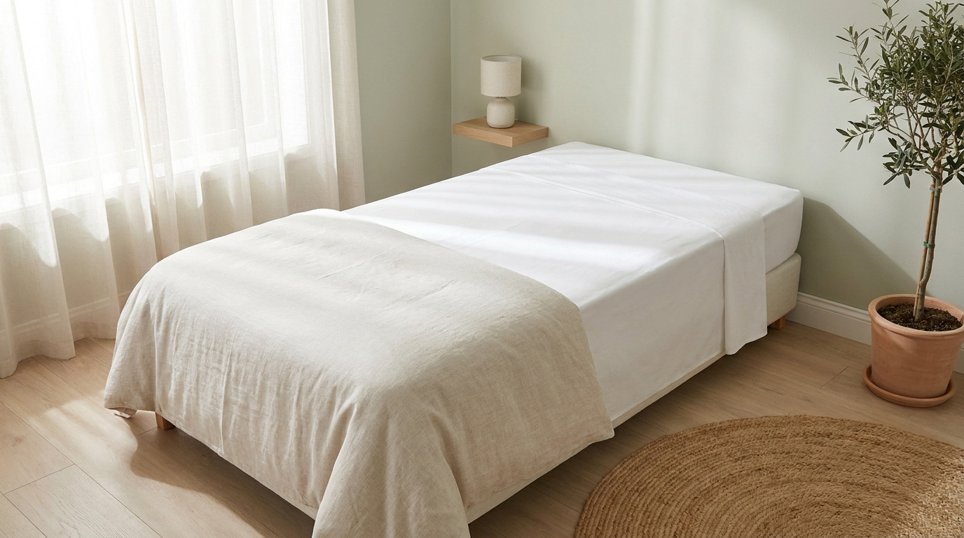 Lit simple avec drap blanc et jeté de lit beige dans une chambre lumineuse au style naturel.