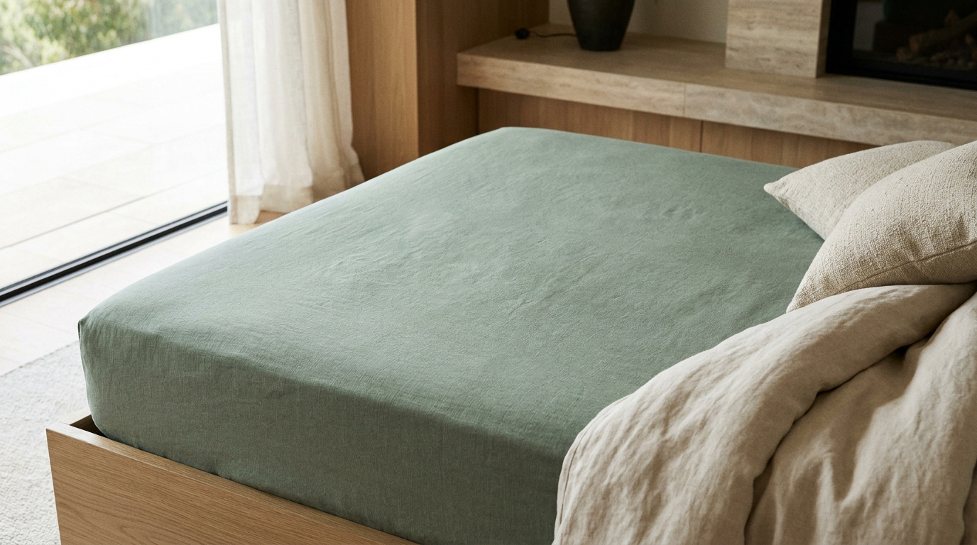 Drap housse en lin vert sauge sur un lit en bois dans une chambre lumineuse et minimaliste.