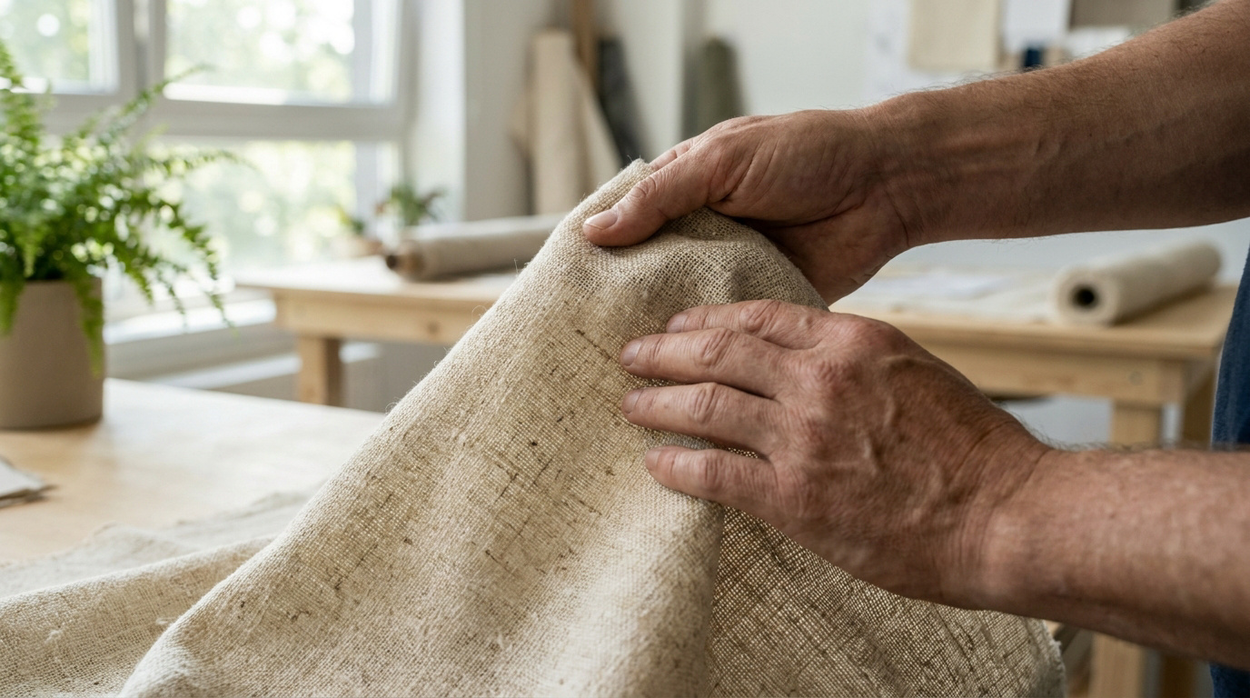 Gros plan sur les mains d'un artisan examinant une pièce de tissu en chanvre brut dans un atelier lumineux.