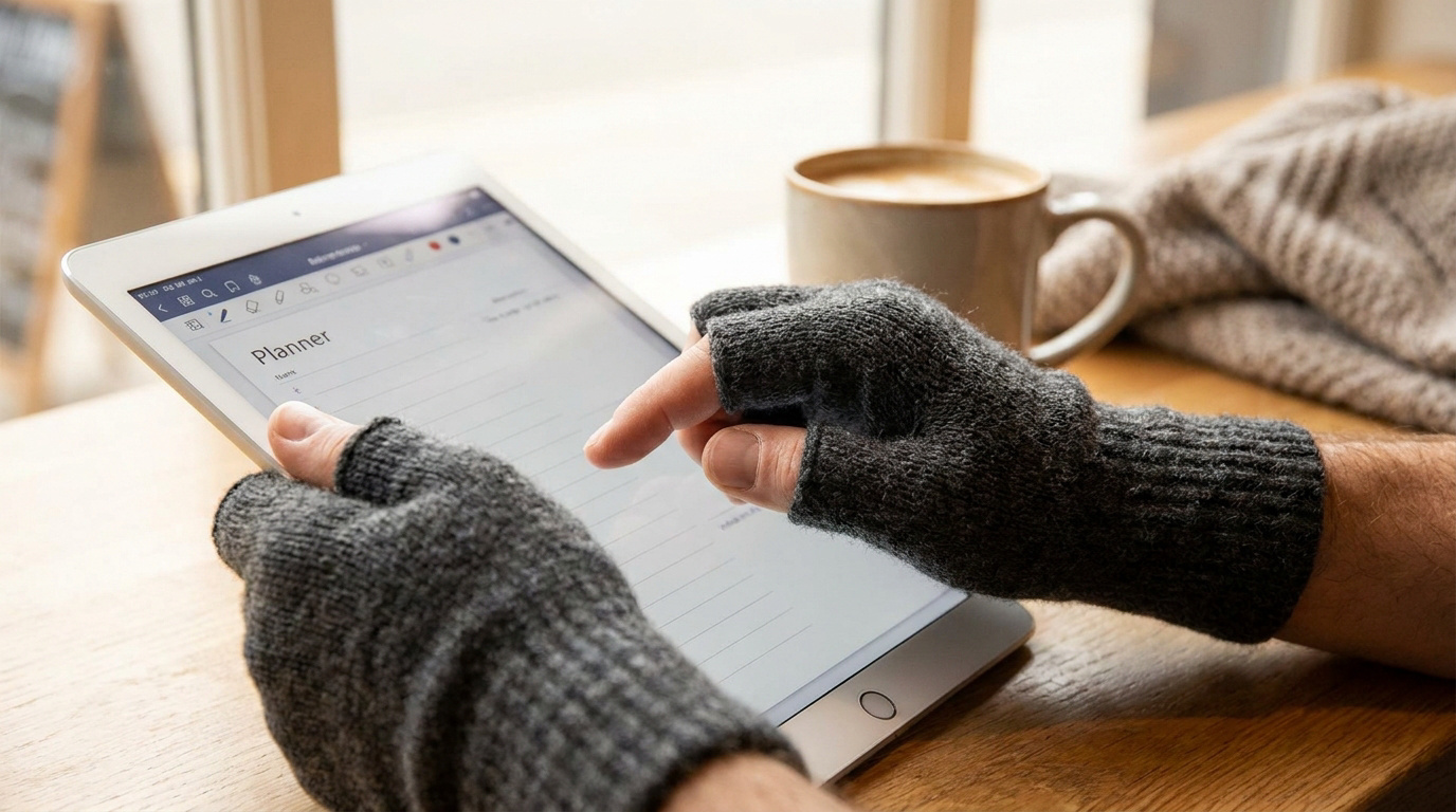 Un homme portant des mitaines en laine grise utilise une tablette numérique près d'une tasse de café.