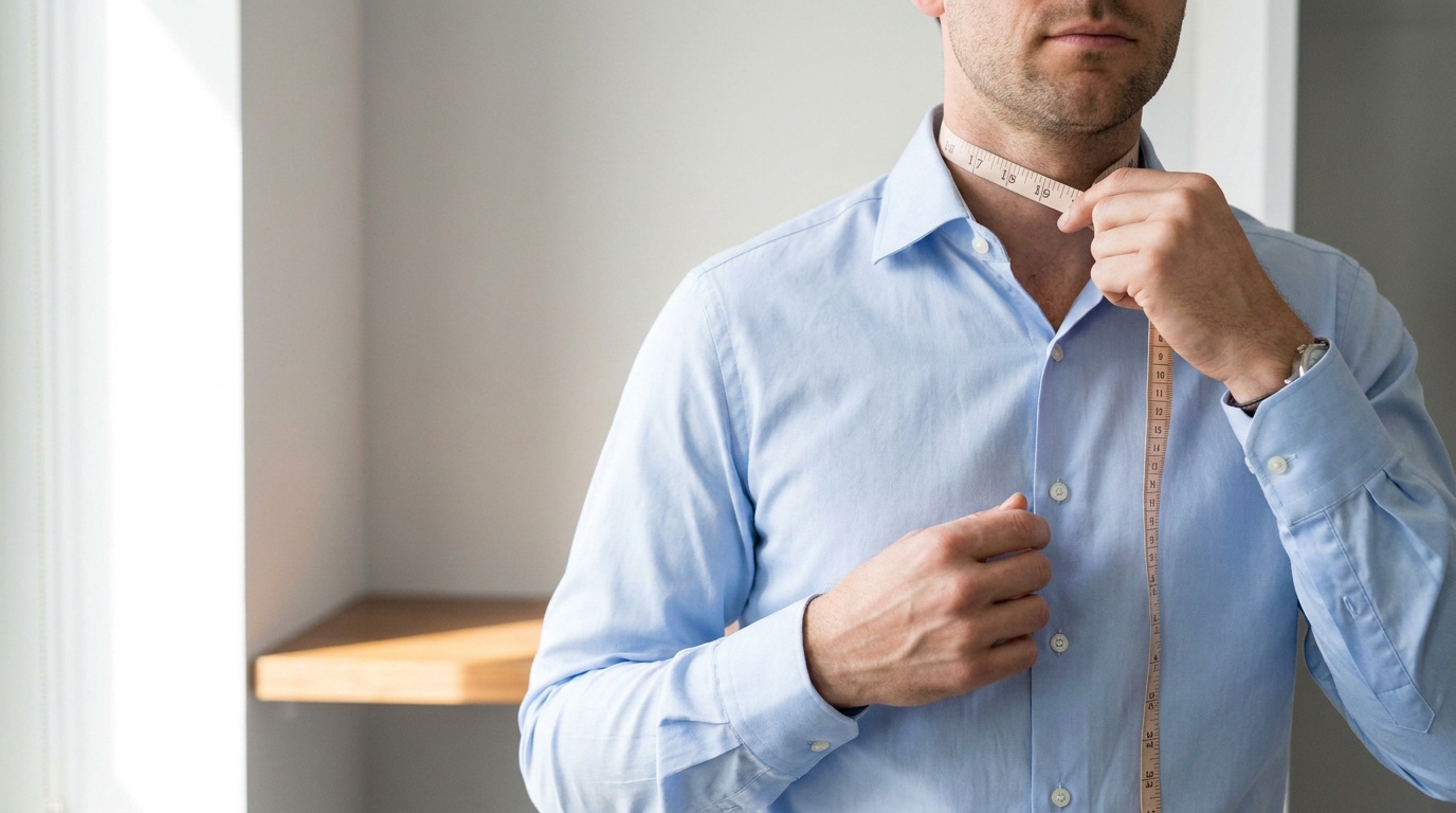 Un homme portant une chemise bleue mesure son tour de cou avec un mètre ruban pour trouver la bonne taille.