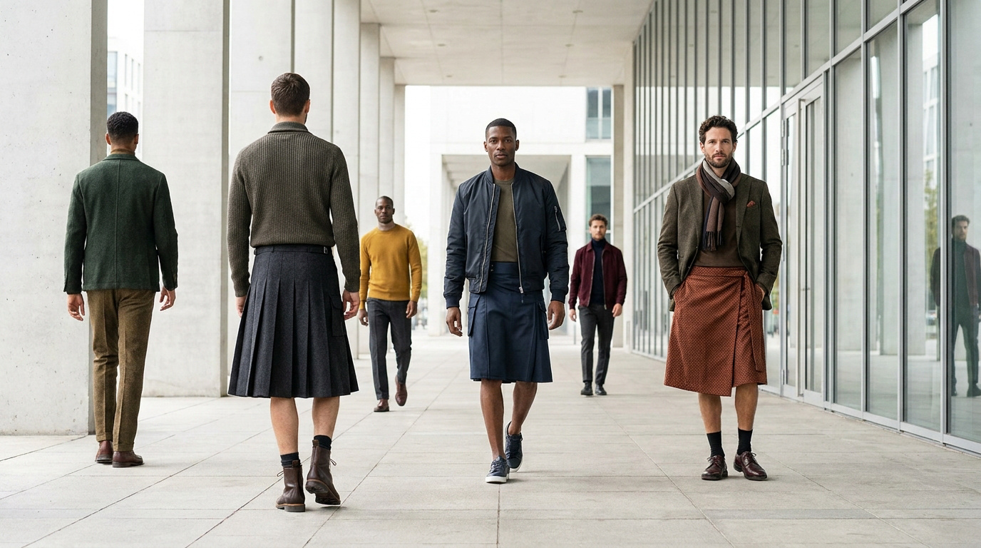 Plusieurs hommes vêtus de jupes et kilts de styles variés défilent dans une allée moderne et lumineuse, illustrant la mode masculine contemporaine.