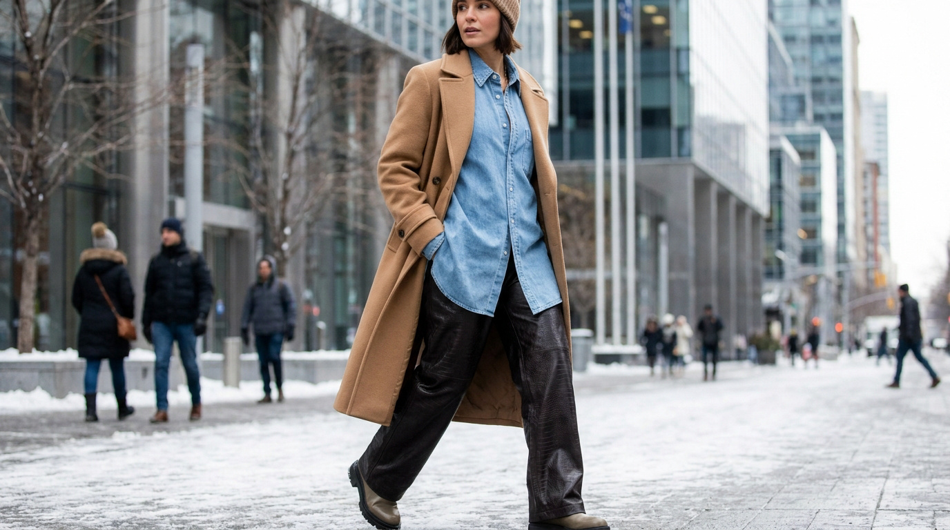 Une femme stylée en manteau long camel, chemise en jean, pantalon ample texturé et bonnet, marche sur une rue urbaine enneigée.