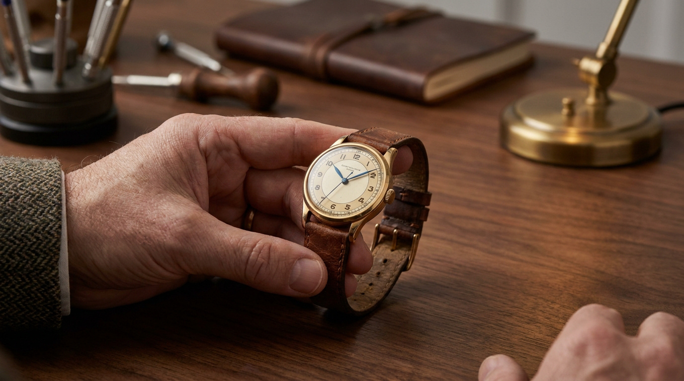 Main d'homme tenant une montre vintage or au cadran crème et bracelet cuir sur un bureau d'horloger.