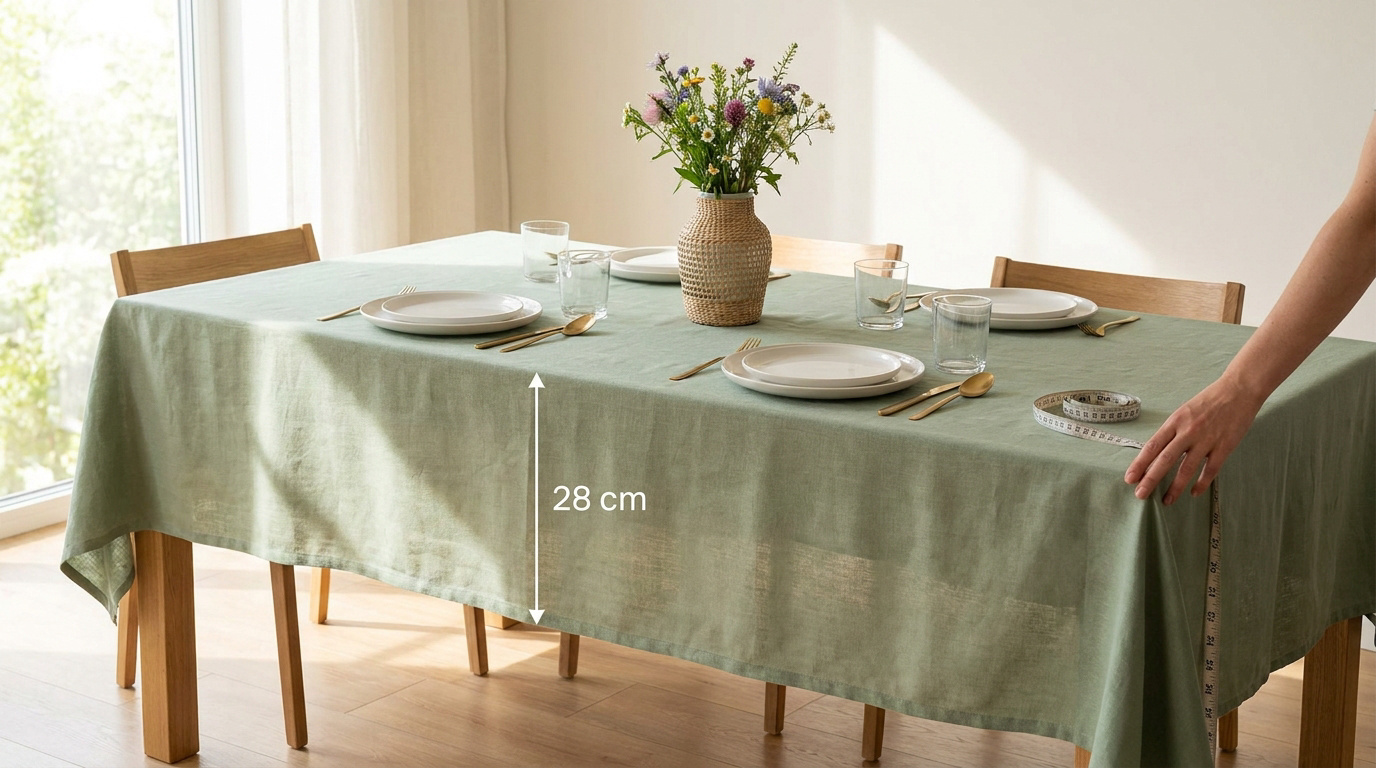 Une main mesure avec un ruban la retombée de 28 cm d'une nappe vert sauge sur une table en bois dressée.