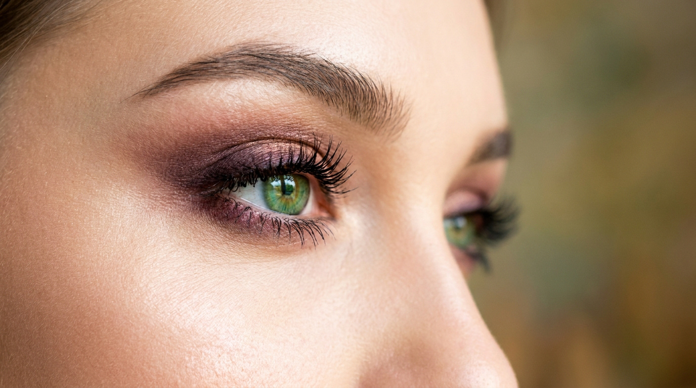 Gros plan sur un regard aux yeux verts maquillés avec des teintes chaudes et prunes pour les mettre en valeur.