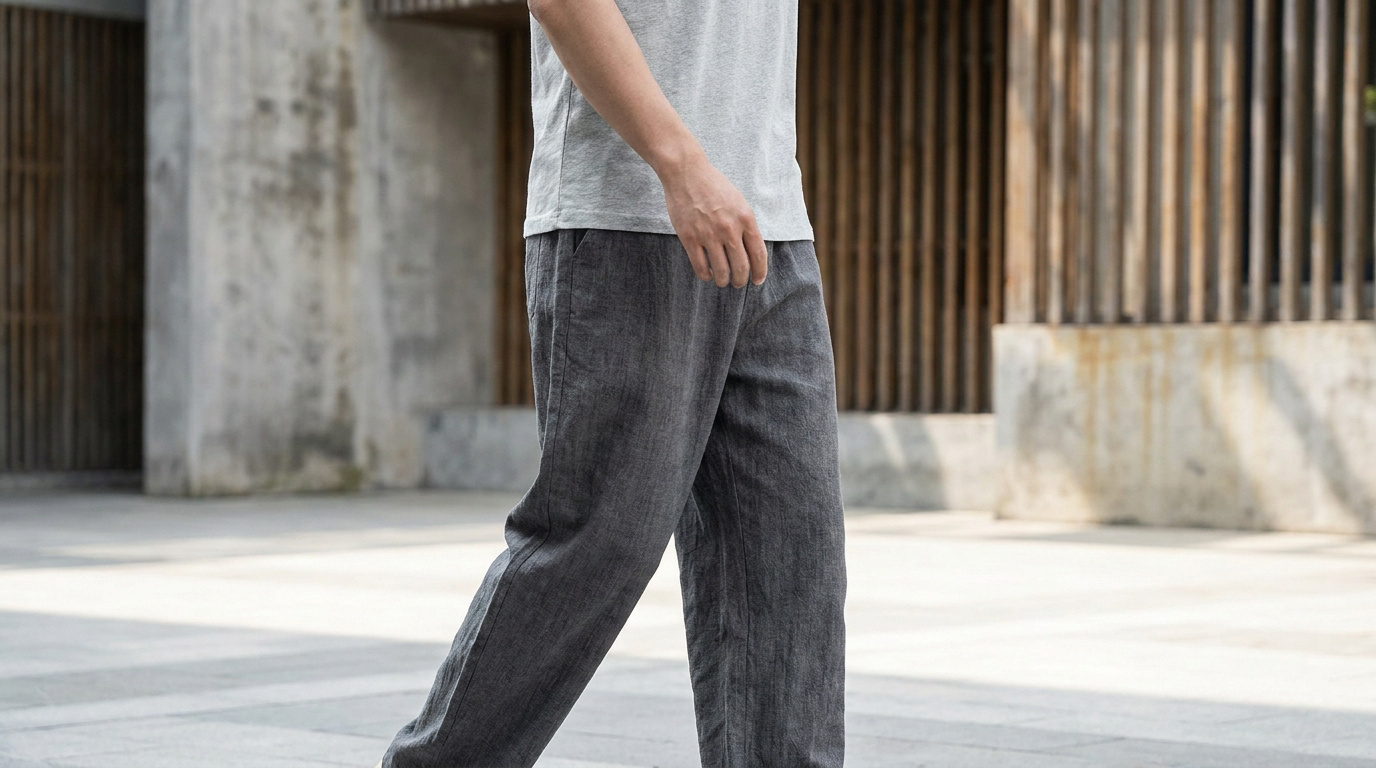 Homme portant un pantalon japonais gris ample en tissu naturel et un t-shirt clair, marchant dans un environnement moderne.