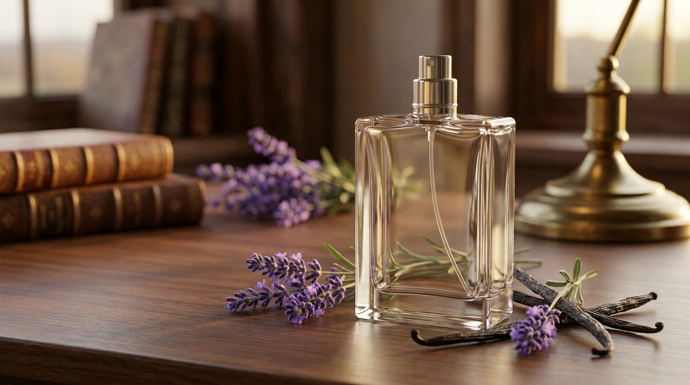 Flacon de parfum en verre sur une table en bois, accompagné de brins de lavande et de gousses de vanille.