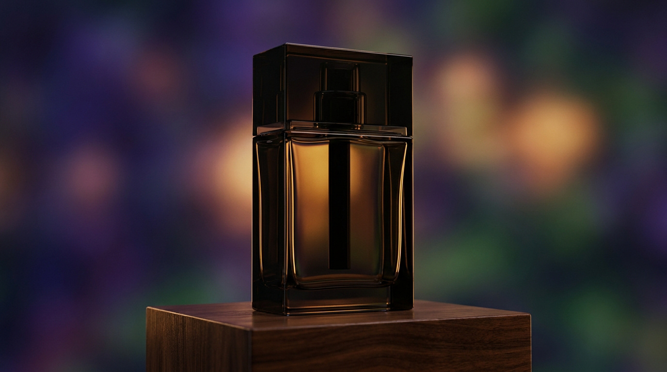Flacon de parfum Prada sombre et élégant posé sur un socle en bois dans un décor aux lumières floutées.