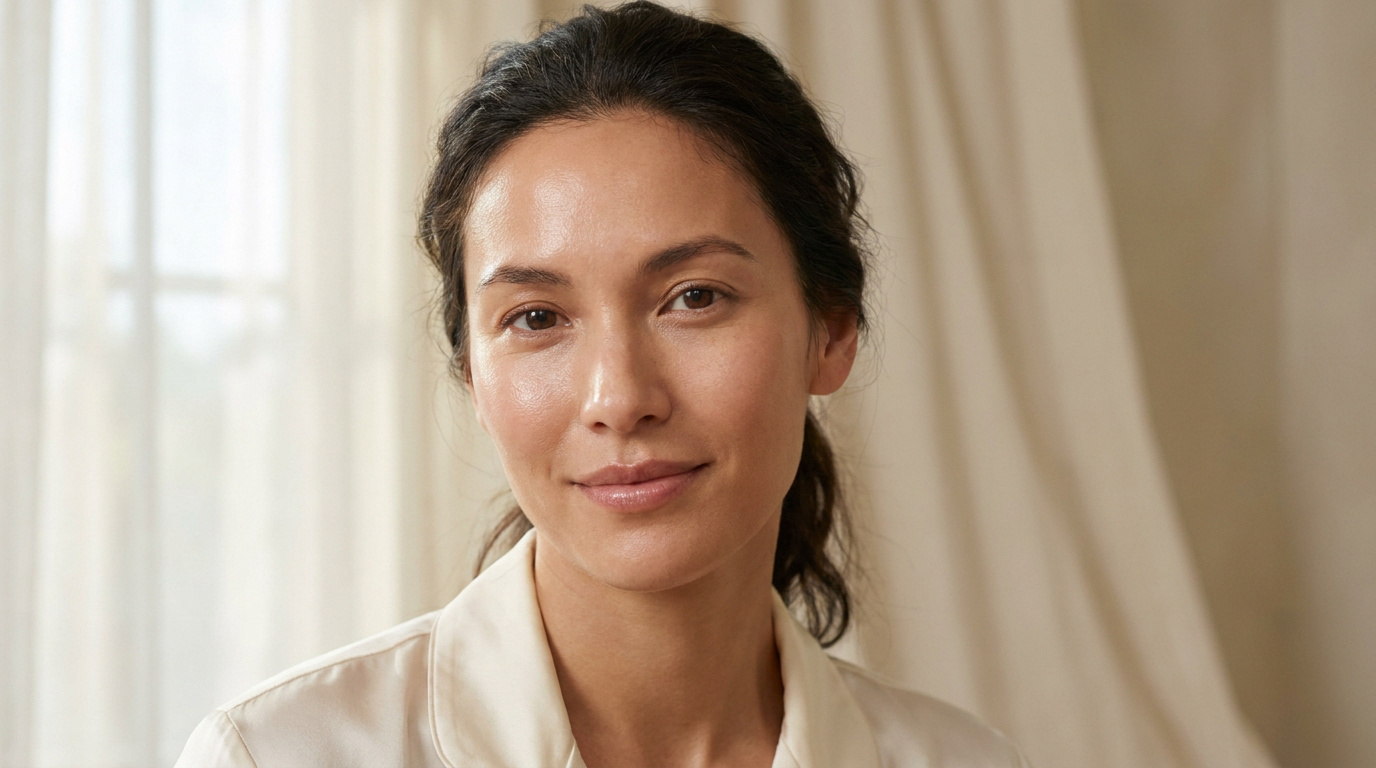 Gros plan sur une femme souriante, teint éclatant et maquillage naturel. Lumière douce en arrière-plan.