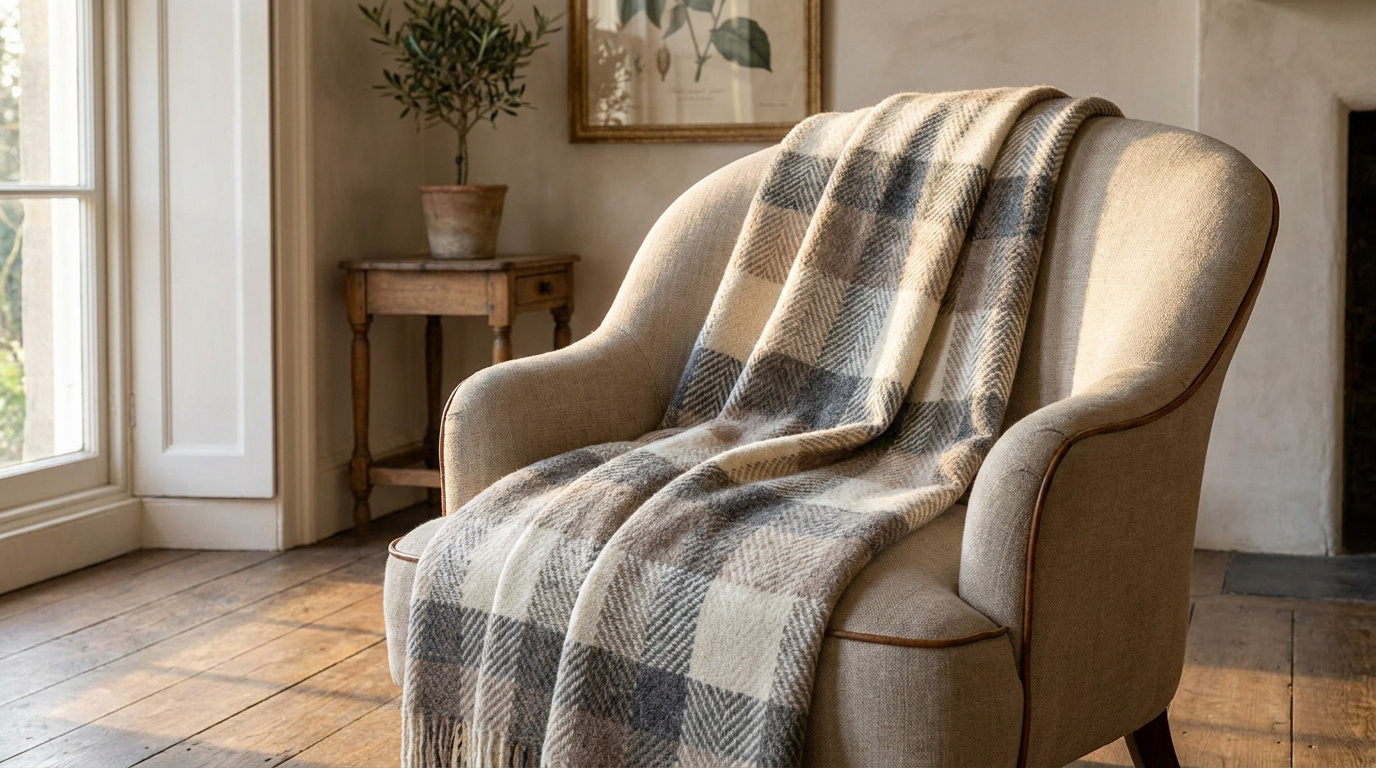 Un plaid en laine à carreaux aux tons neutres posé sur un fauteuil confortable dans un salon lumineux.