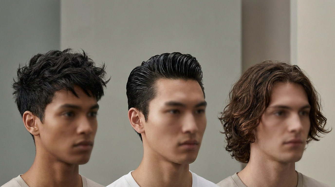 Trois hommes avec des coiffures différentes : texturée, plaquée brillante et naturelle ondulée.