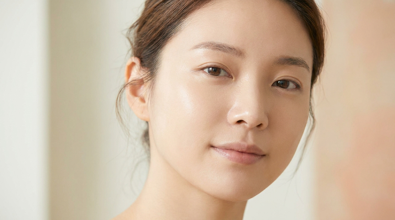 Gros plan sur le visage d'une jeune femme asiatique au teint uniforme, éclatant et naturel, sans maquillage visible, regard direct.