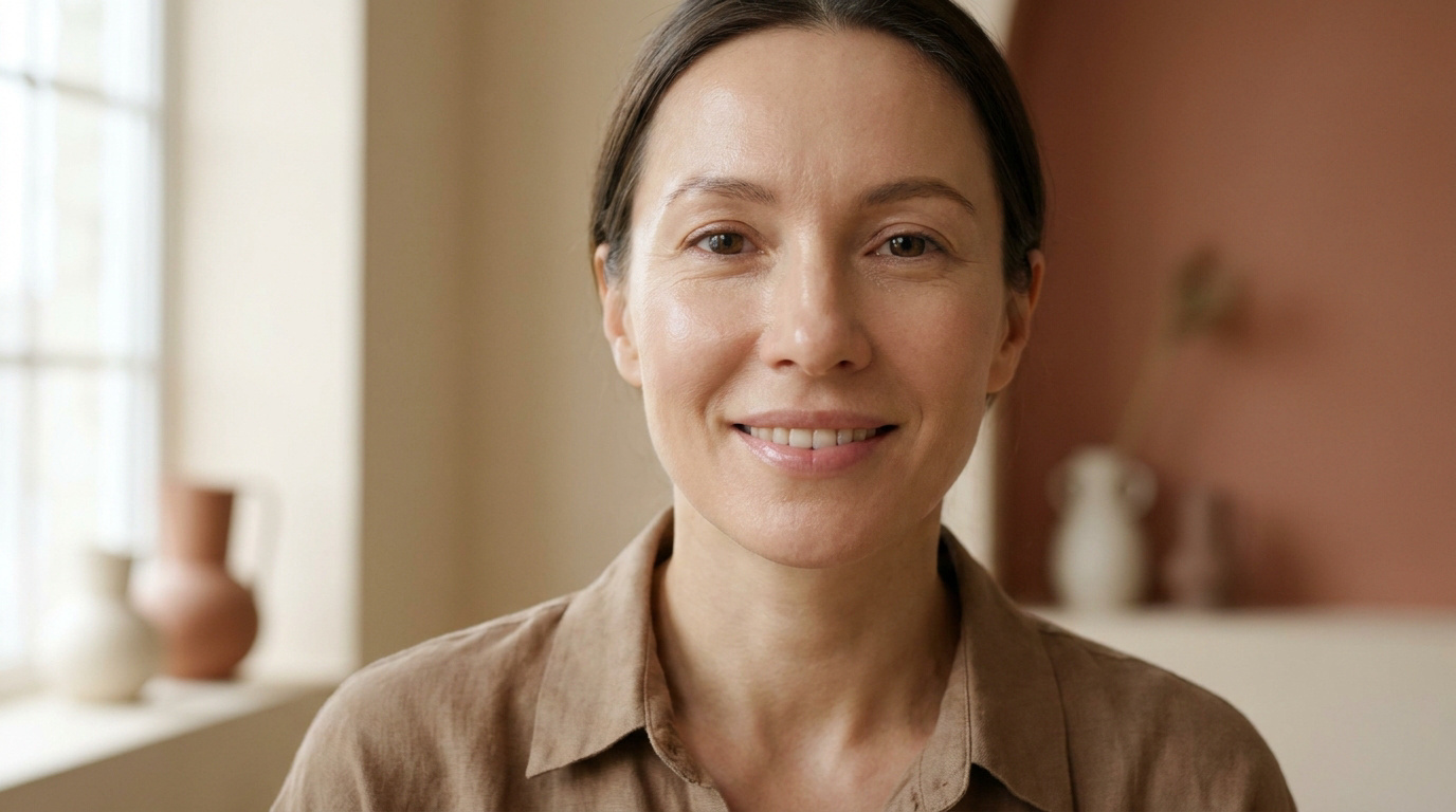 Portrait d'une femme souriante au teint naturel et lumineux, posant dans une pièce lumineuse au décor minimaliste.