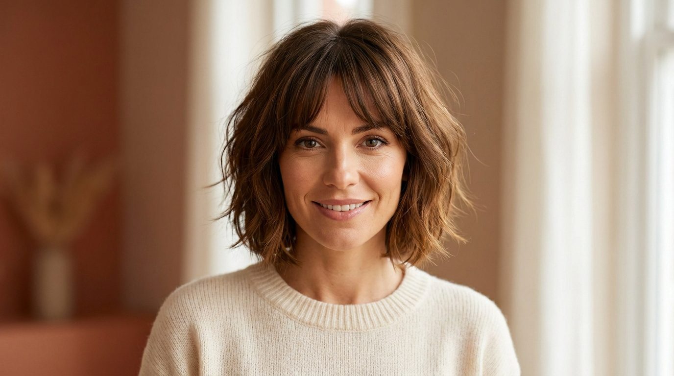 Portrait d'une femme souriante aux cheveux bruns coupés en carré mi-long ondulé avec frange rideau. Elle porte un pull crème.