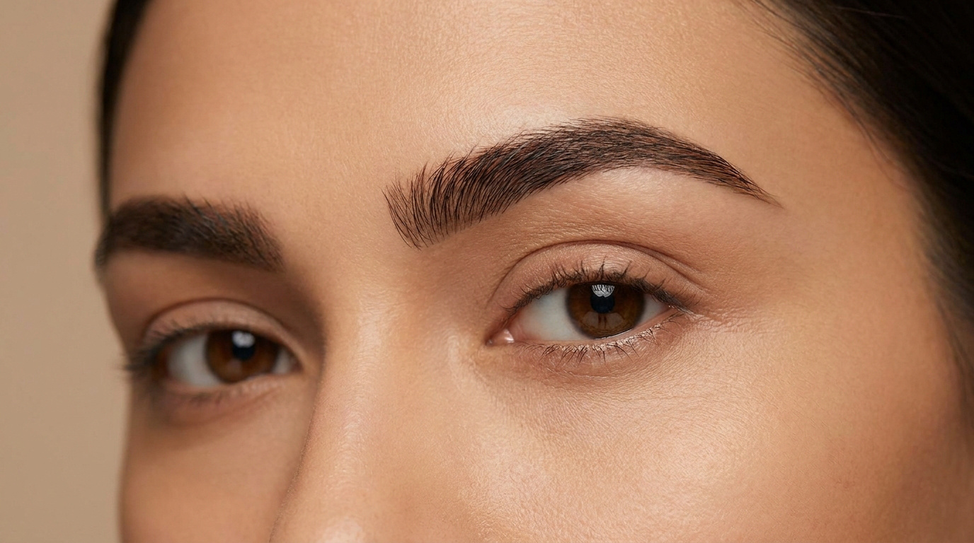 Gros plan sur le regard d'une femme avec des sourcils parfaitement dessinés, fournis et à la teinte harmonieuse.