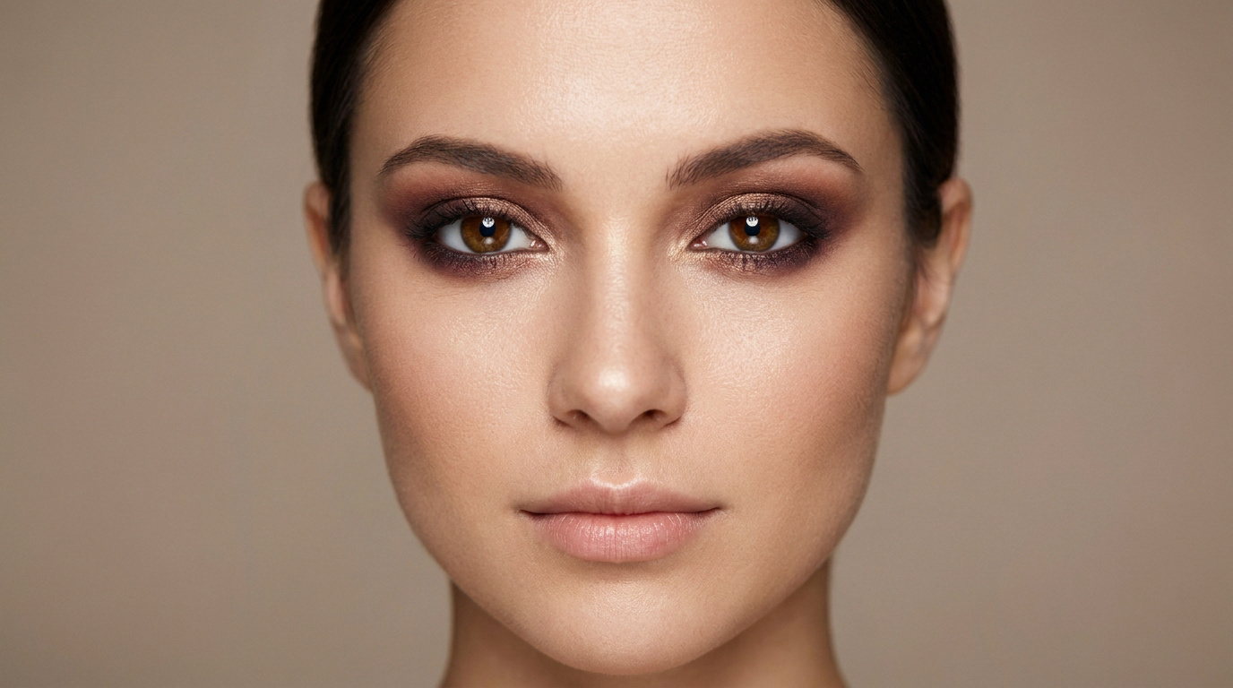 Gros plan sur un visage de femme avec un maquillage des yeux fumé aux tons bronze sur fond beige neutre.