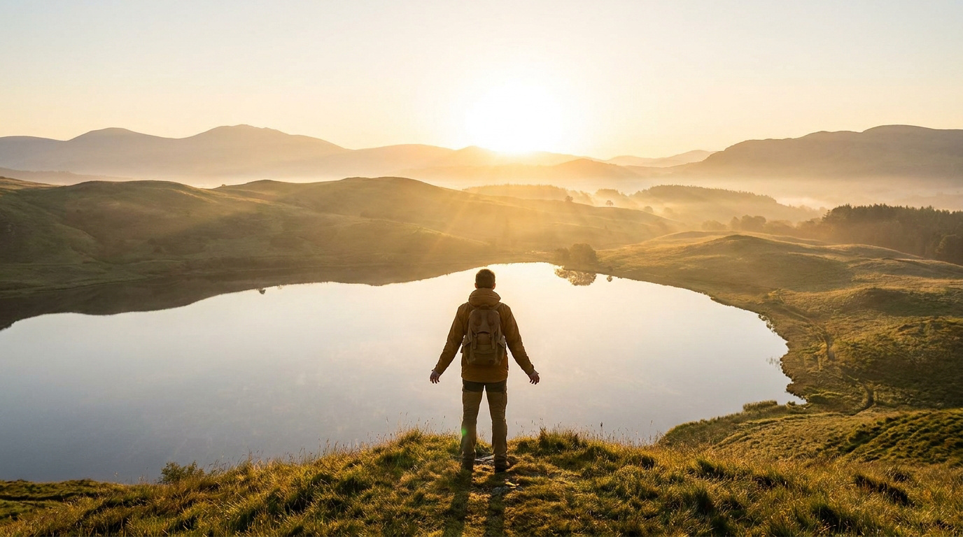Vue arrière d'une personne avec sac à dos contemplant un lac serein et des montagnes embrumées au lever du soleil.