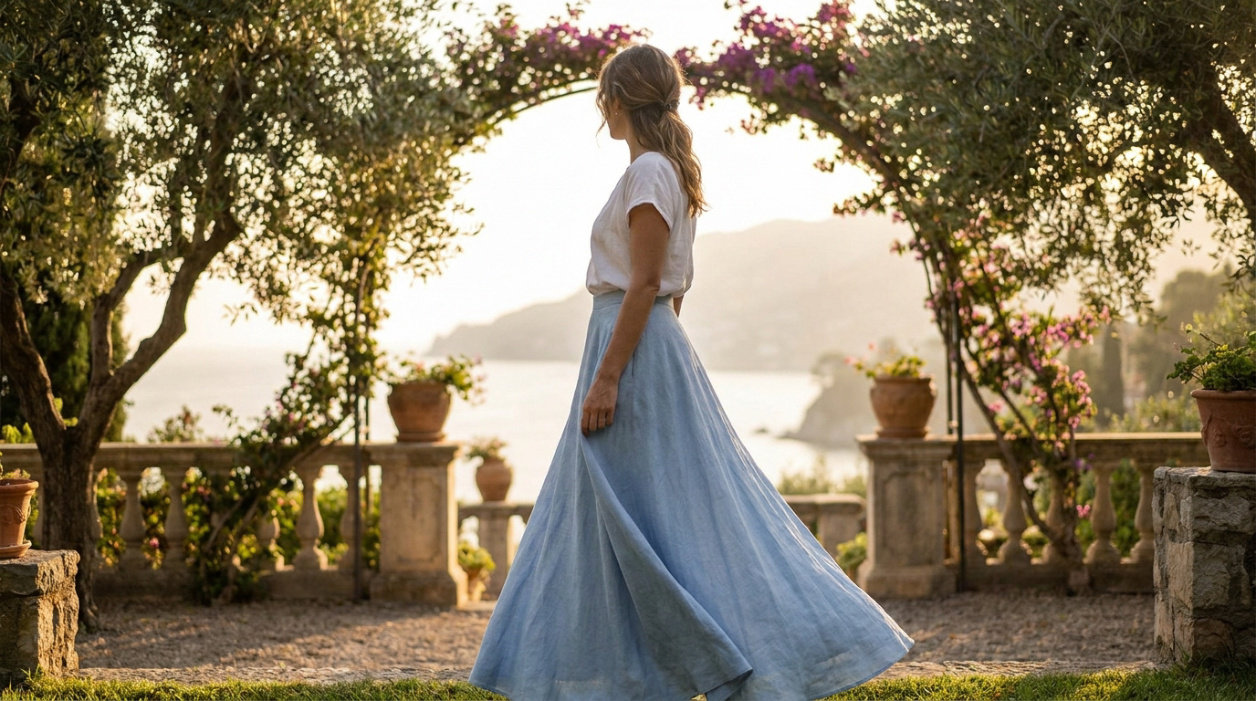 Femme élégante en jupe longue bleu ciel et haut blanc marchant dans un jardin luxuriant face à la mer au coucher du soleil.