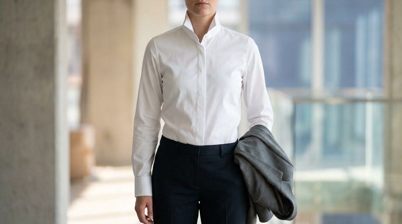 Femme portant une chemise blanche à col officier minimaliste et un pantalon noir, tenant une veste grise à la main.