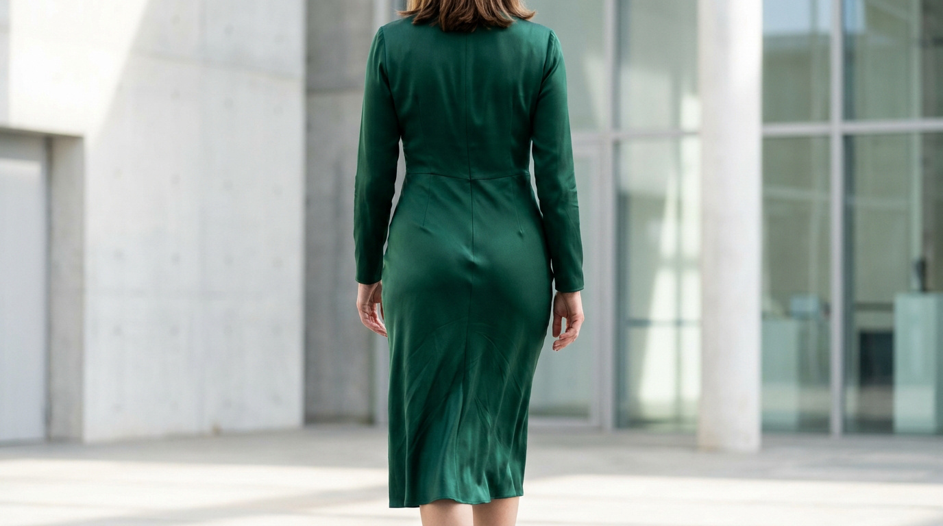 Femme de dos portant une robe midi en satin vert devant un bâtiment moderne.