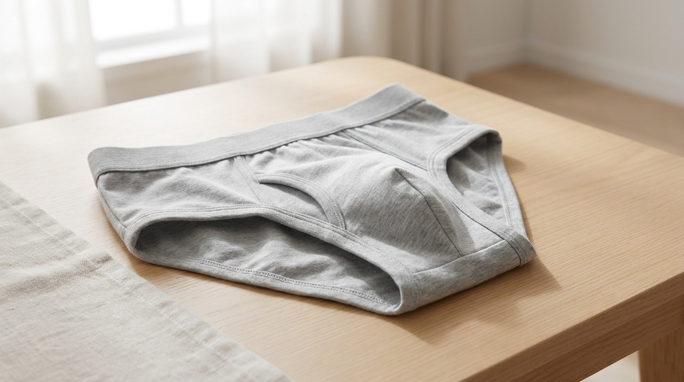 Slip kangourou gris pour homme posé sur une table en bois clair près d'une fenêtre.