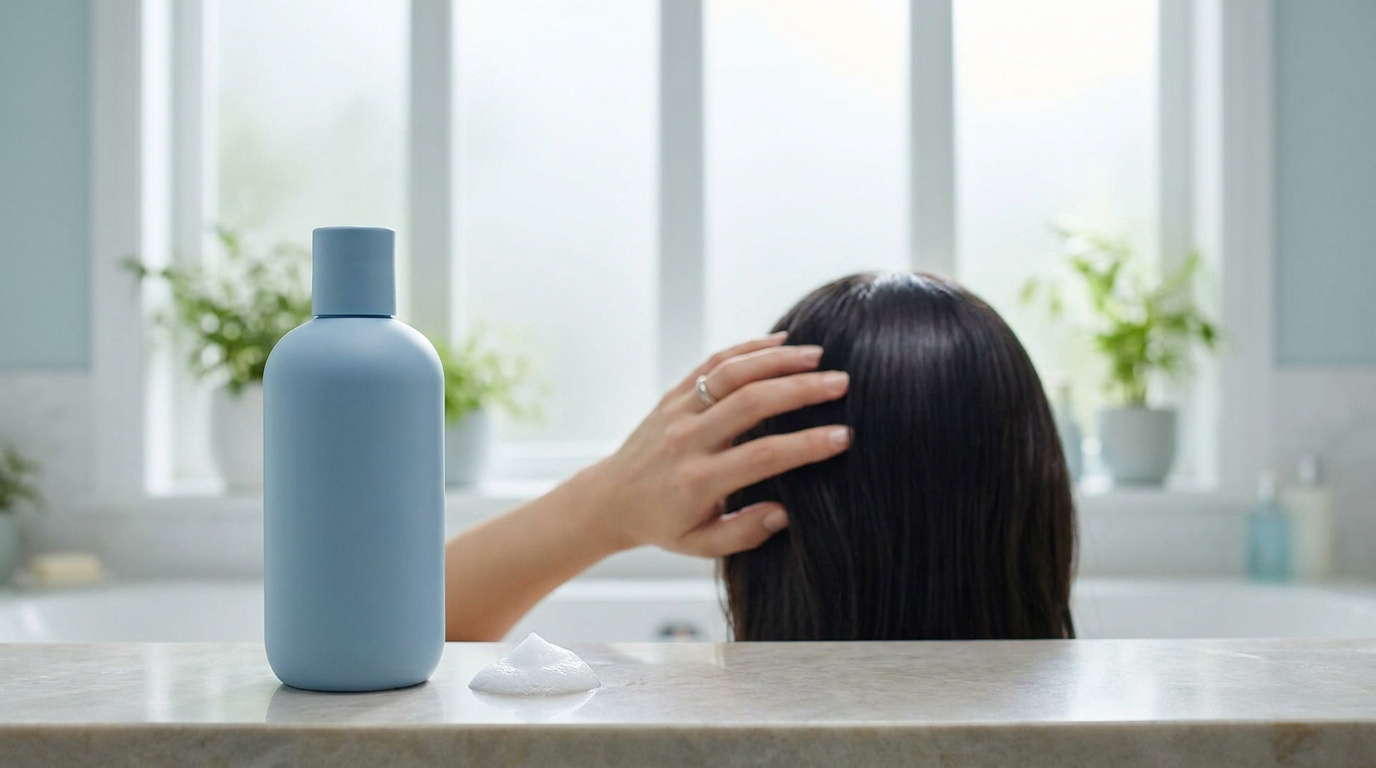 Flacon de shampooing bleu sur comptoir en marbre, mousse à côté. Une personne se lave les cheveux dans un décor de salle de bain lumineuse.