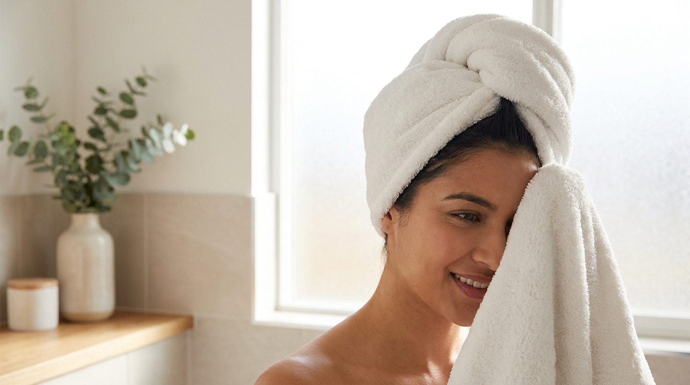 Une femme souriante avec une serviette en microfibre blanche enroulée autour de ses cheveux dans une salle de bain.