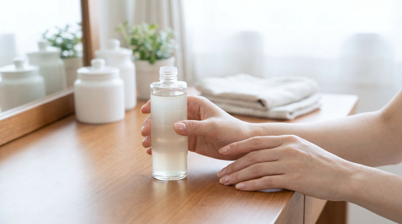 Mains tenant une bouteille de soin pour ongles sur une table en bois clair. Reflets dans un miroir en arrière-plan.