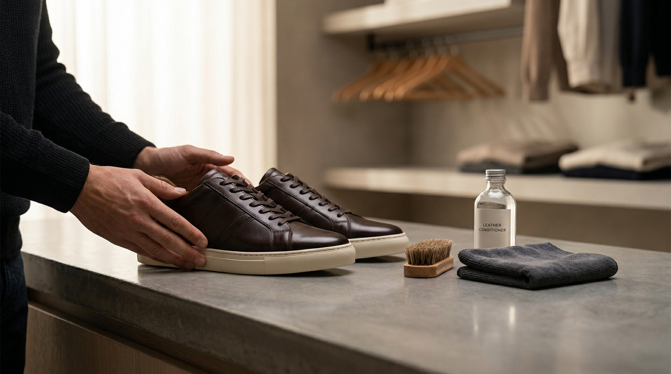 Mains d'un homme tenant des sneakers en cuir marron sur un comptoir, avec un produit d'entretien et une brosse à côté.
