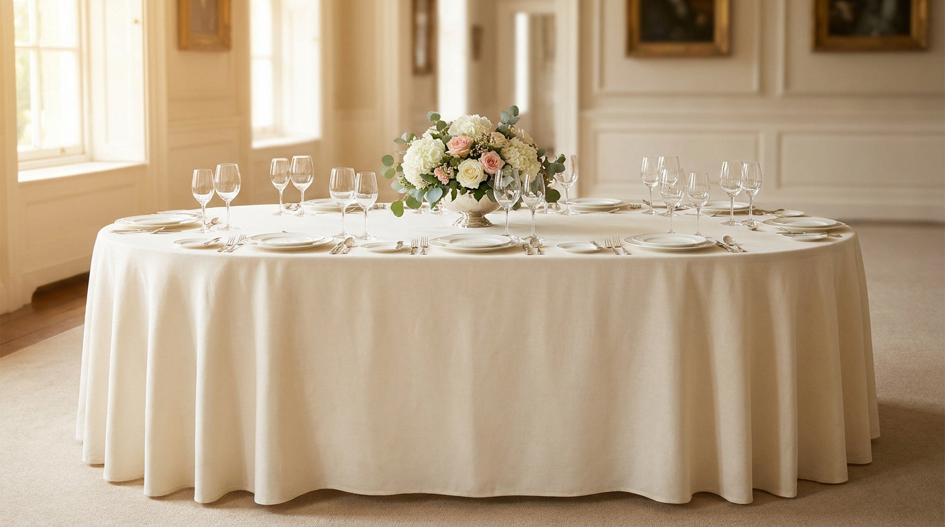 Une élégante table ovale dressée avec une nappe crème dans une pièce lumineuse au décor classique.