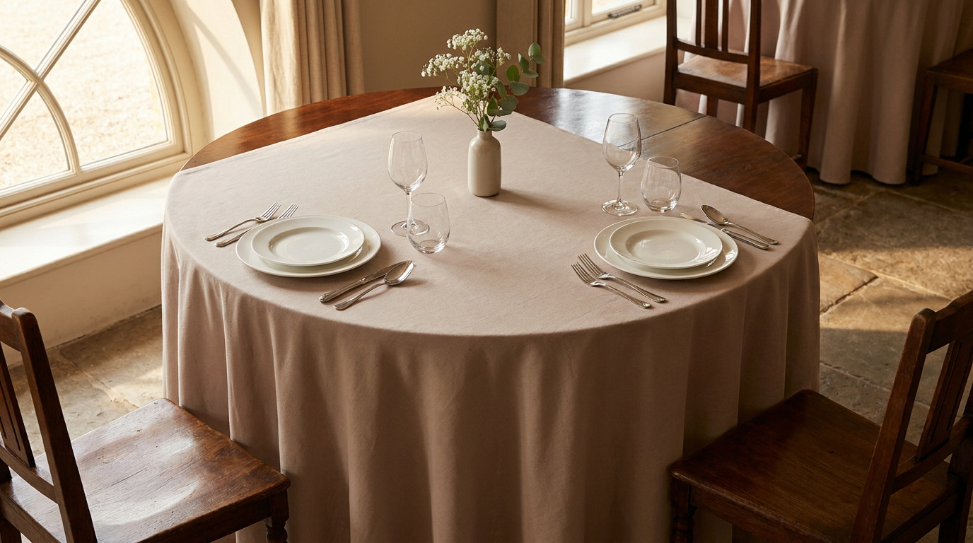 Table ronde dressée avec une nappe beige, assiettes, couverts et un vase de fleurs dans une salle lumineuse.