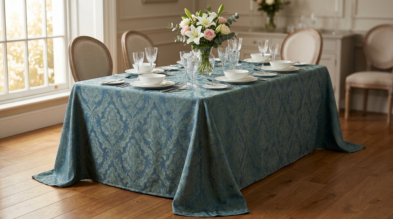 Une table de salle à manger élégante recouverte d'une nappe bleue à motifs damassés avec des verres et des fleurs.