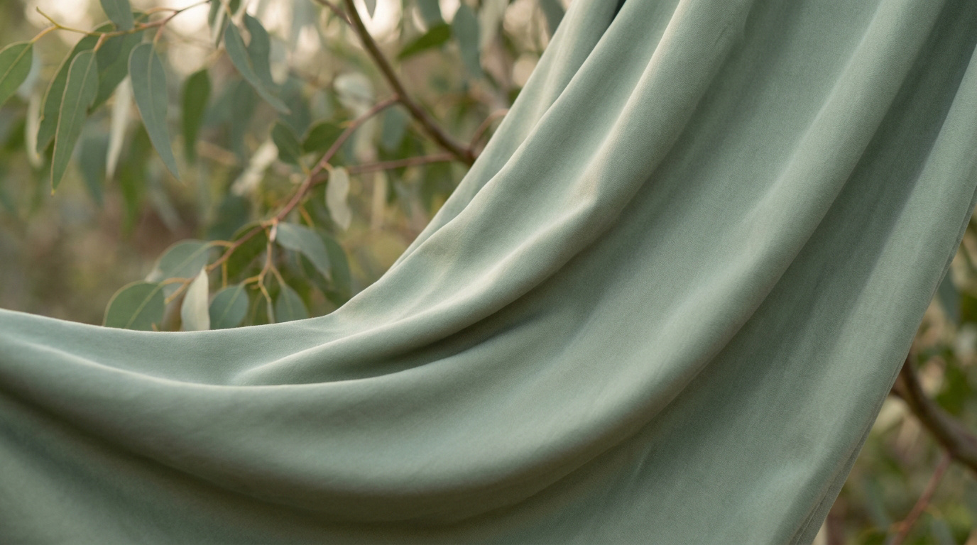 Tissu en lyocell vert suspendu devant des branches d'eucalyptus.