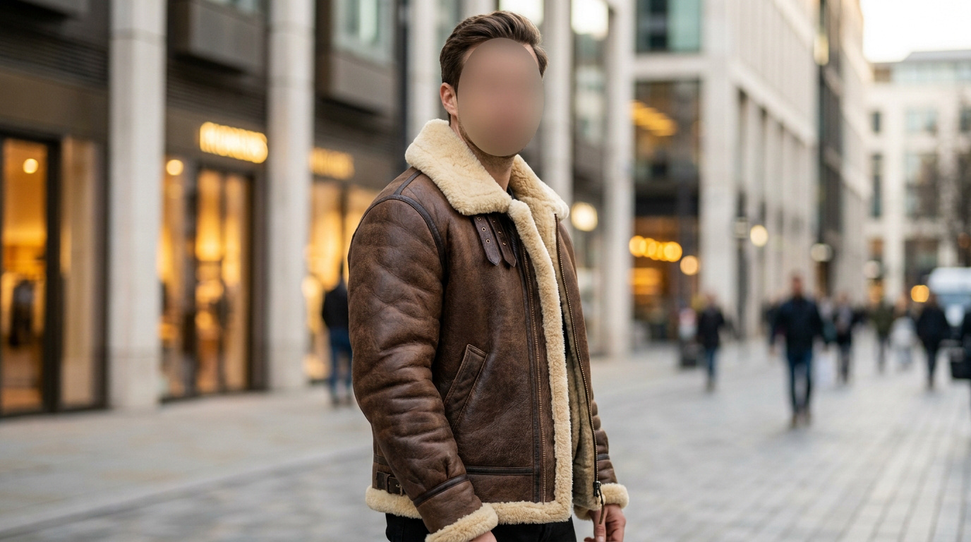 Homme en blouson bombardier marron avec intérieur en fourrure beige, marchant dans une rue commerçante animée et moderne.