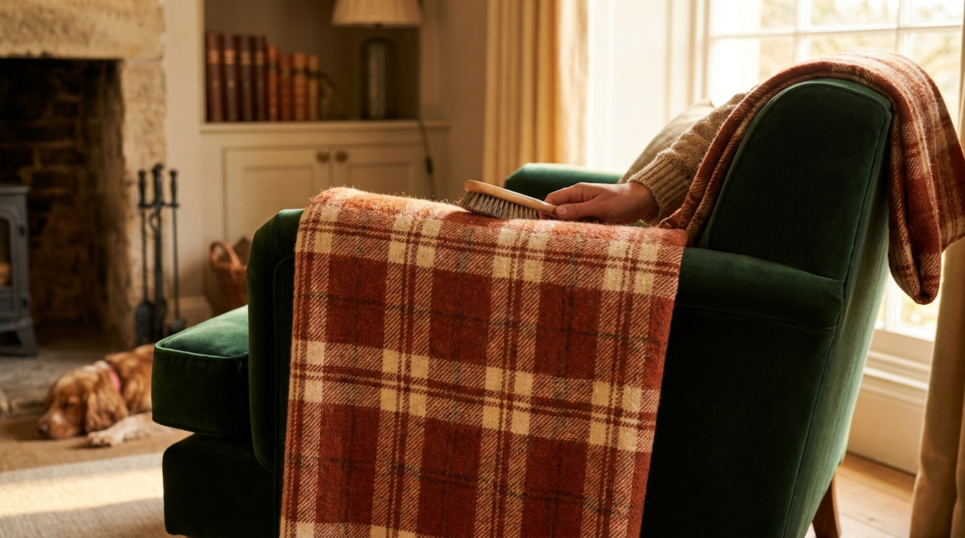 Une main brosse un plaid en laine écossais orange posé sur un fauteuil vert dans un salon chaleureux avec une cheminée.