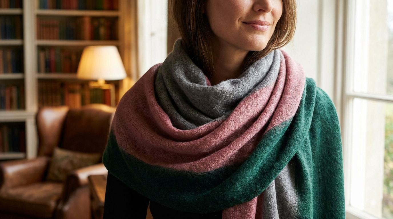 Femme portant une écharpe douce en mohair et soie aux bandes horizontales grises, roses et vert forêt.
