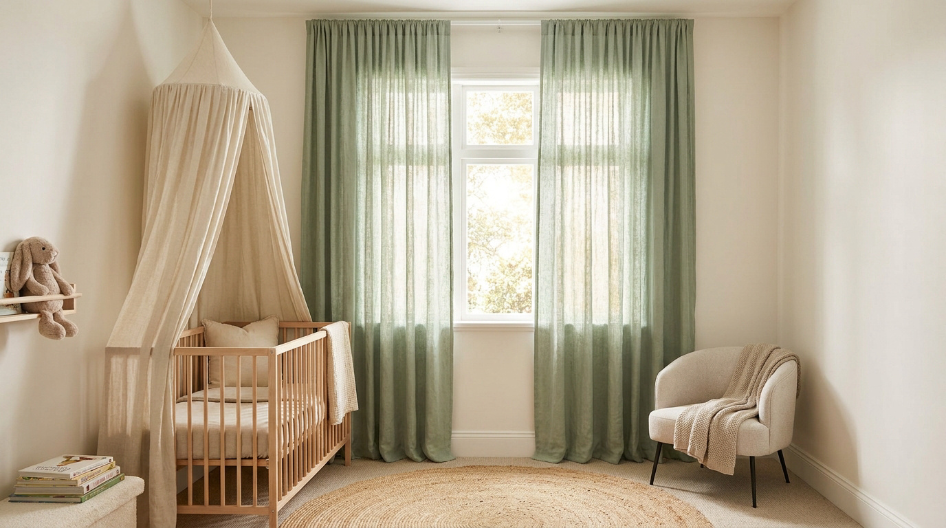 Chambre de bébé lumineuse avec un berceau en bois, un ciel de lit beige et des rideaux en lin vert sauge.