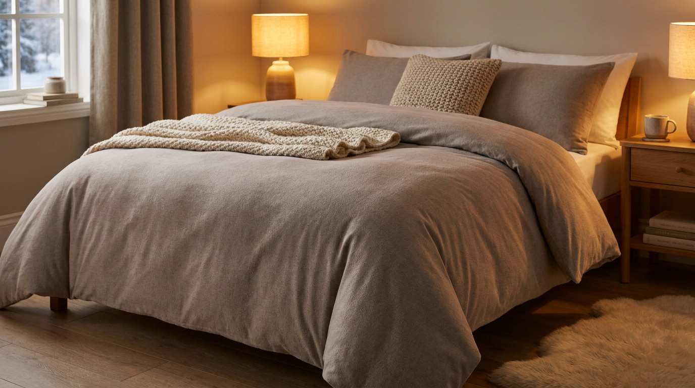 Lit douillet avec une housse de couette en flanelle beige, plaid en tricot et lampes de chevet dans une chambre chaleureuse.