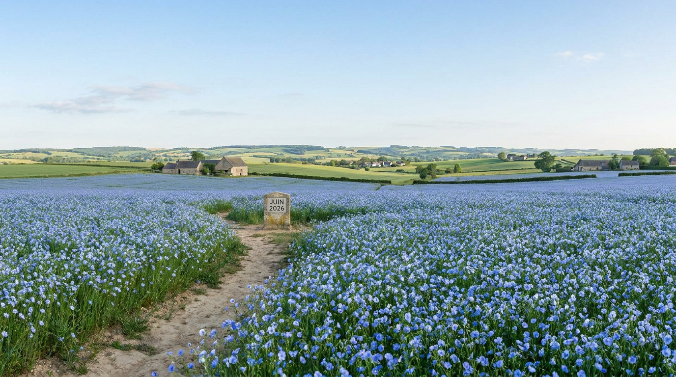 Vaste champ de fleurs bleues de lin sous un ciel clair, avec un panneau indiquant "Juin 2026" sur un sentier.