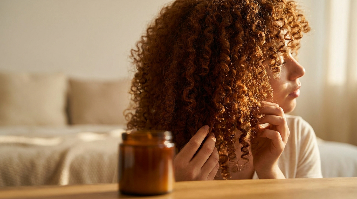 Jeune femme aux cheveux bouclés roux utilisant un soin capillaire dans une chambre lumineuse.