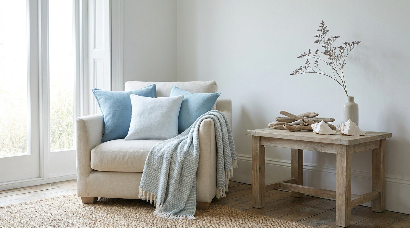 Fauteuil beige confortable avec coussins bleus et plaid, posé près d'une table basse en bois avec des coquillages.